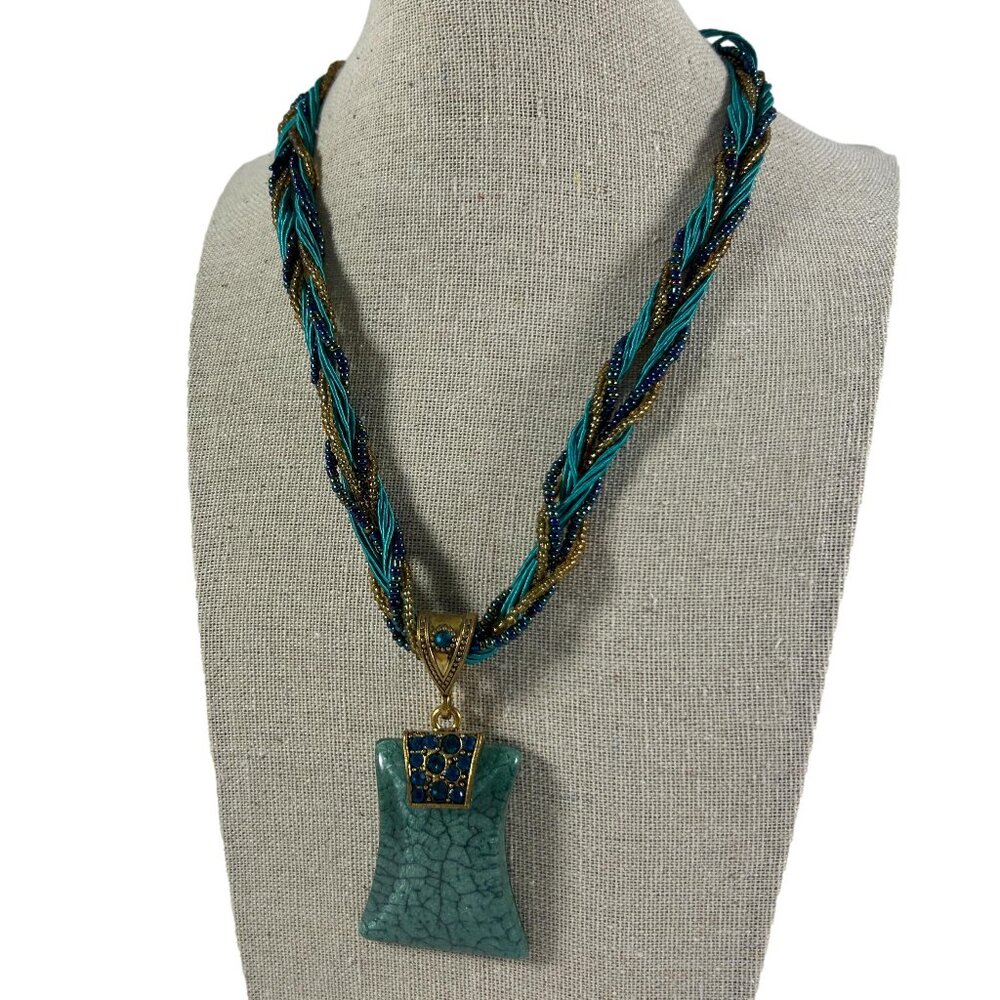 Green Twisted Cord Pendant Necklace Gold Tone Rhinestones Statement 15-19" Long